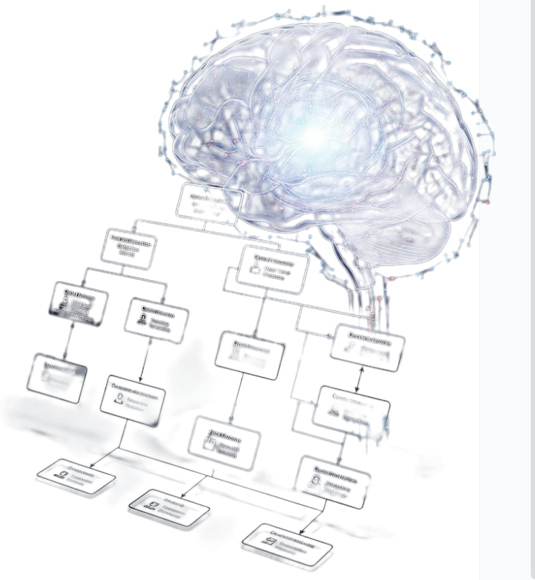A large digital brain analyzing an organizational chart