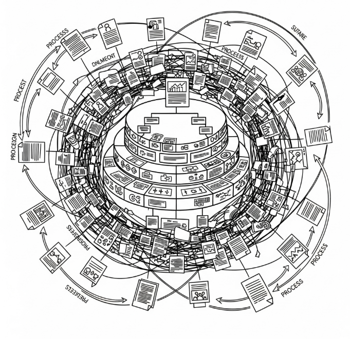 A chaotic swirl of documents and processes showing the difficulty of circular transformation