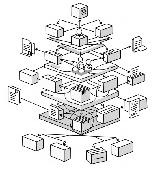 A 3D diagram showing multiple layers of complexity