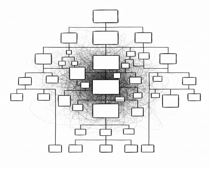 An organizational chart with a tangled, messy center